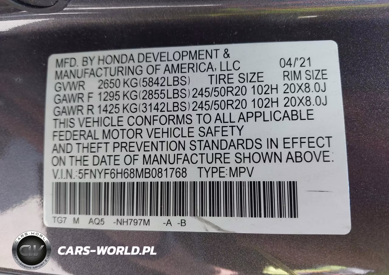 2021 Honda Pilot Awd Touring 7 Passenger VIN:5FNYF6H68MB081768 - 9