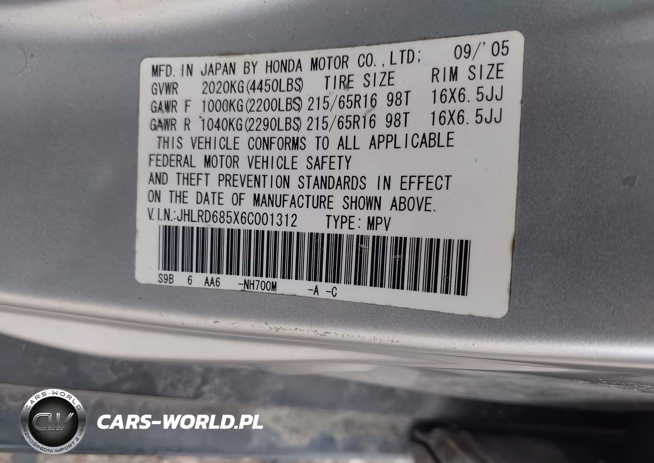 2006 Honda Cr-V Lx VIN:JHLRD685X6C001312 - 9