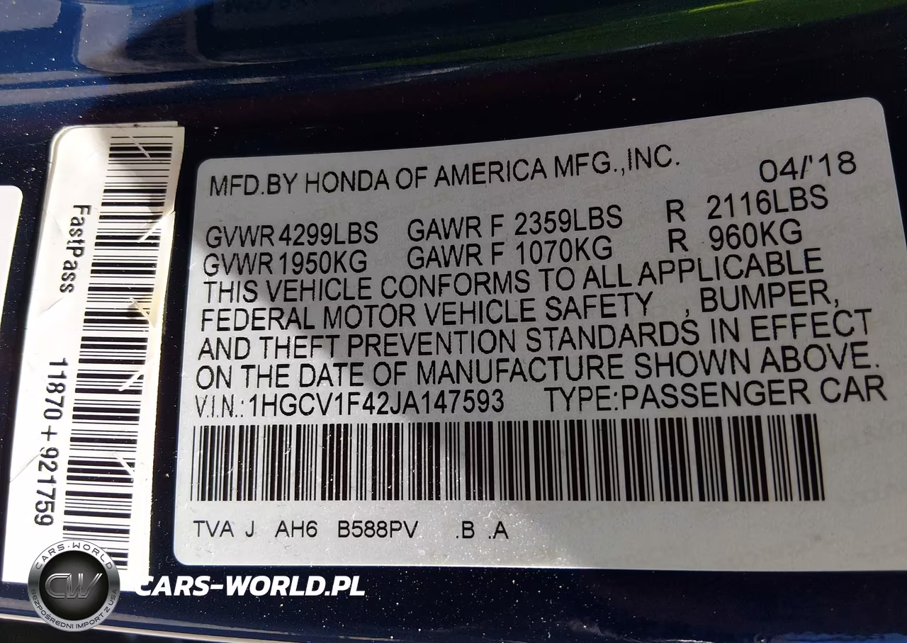 2018 Honda Accord Ex VIN:1HGCV1F42JA147593 - 9