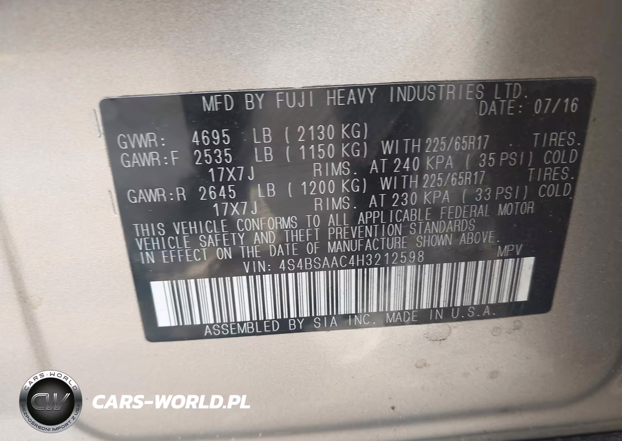 2017 Subaru Outback 2.5I VIN:4S4BSAAC4H3212598 - 9