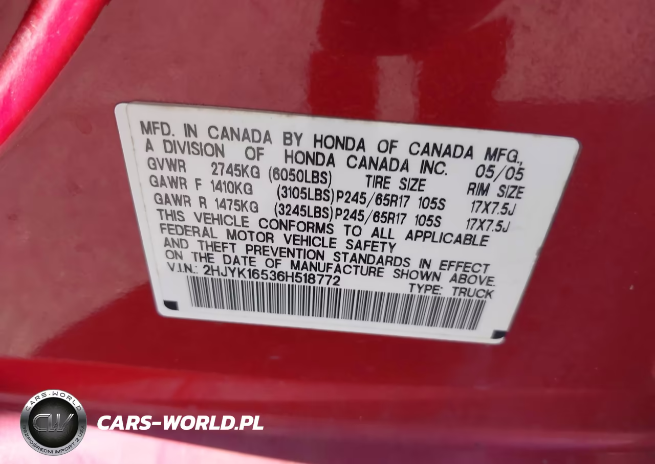 2006 Honda Ridgeline Rtl VIN:2HJYK16536H518772 - 9