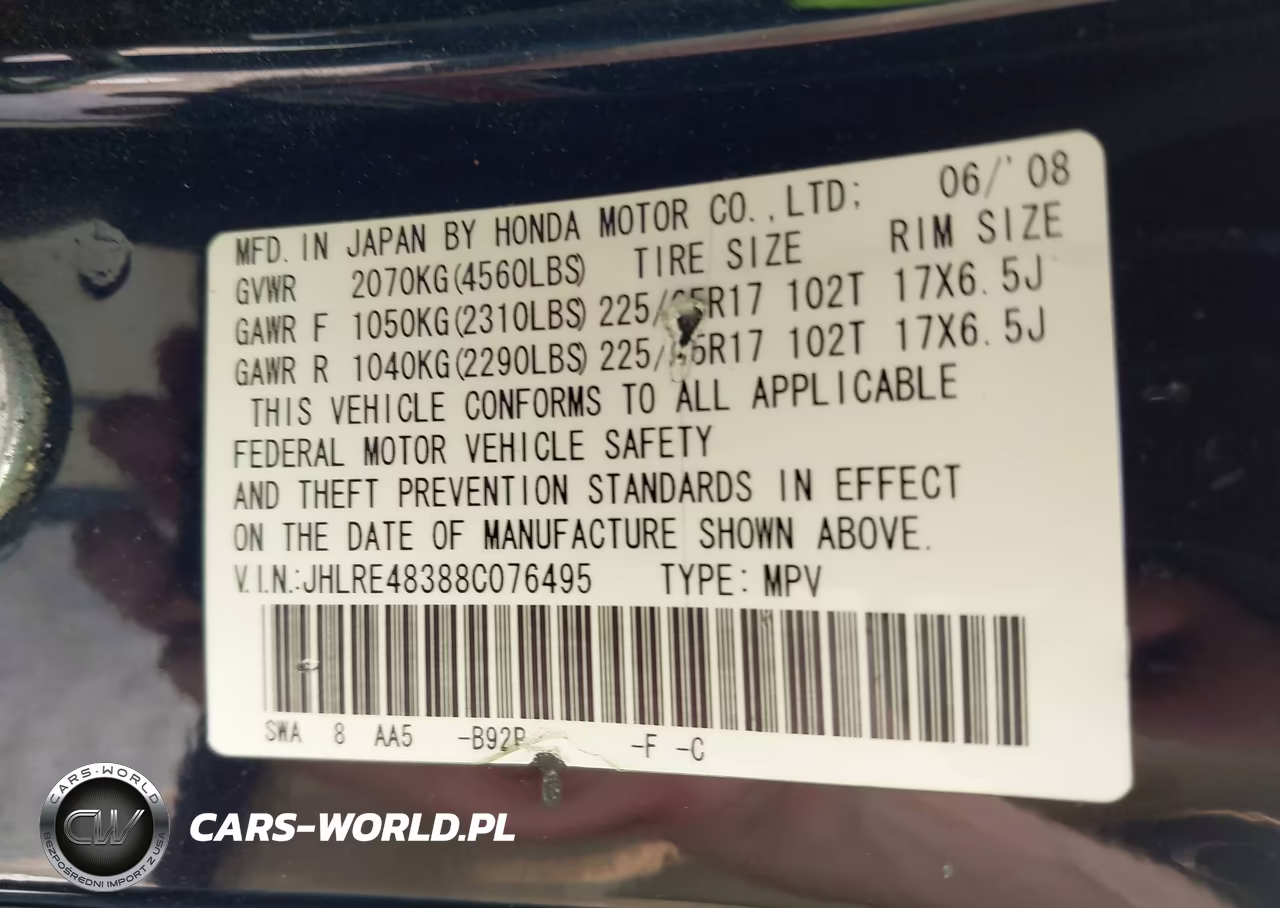 2008 Honda Cr-V Lx VIN:JHLRE48388C076495 - 9