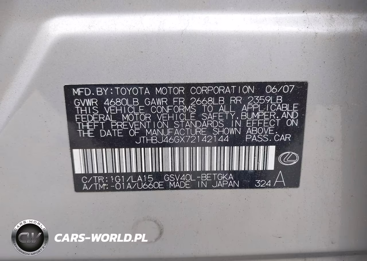 2007 Lexus Es 350 VIN:JTHBJ46GX72142144 - 9