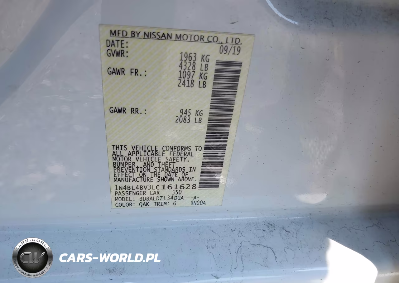 2020 Nissan Altima S Fwd VIN:1N4BL4BV3LC161628 - 9