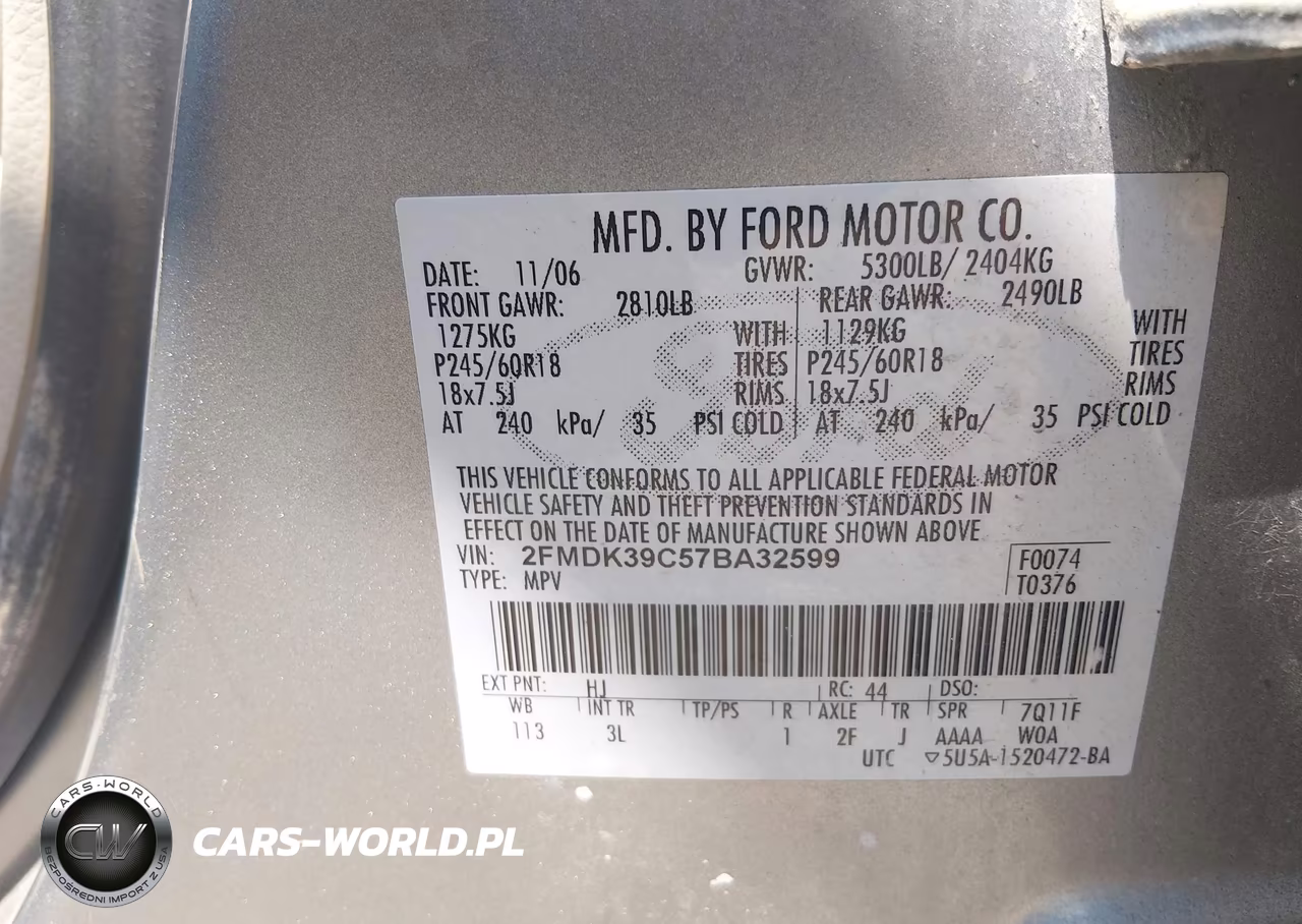 2007 Ford Edge Sel Plus VIN:2FMDK39C57BA32599 - 9