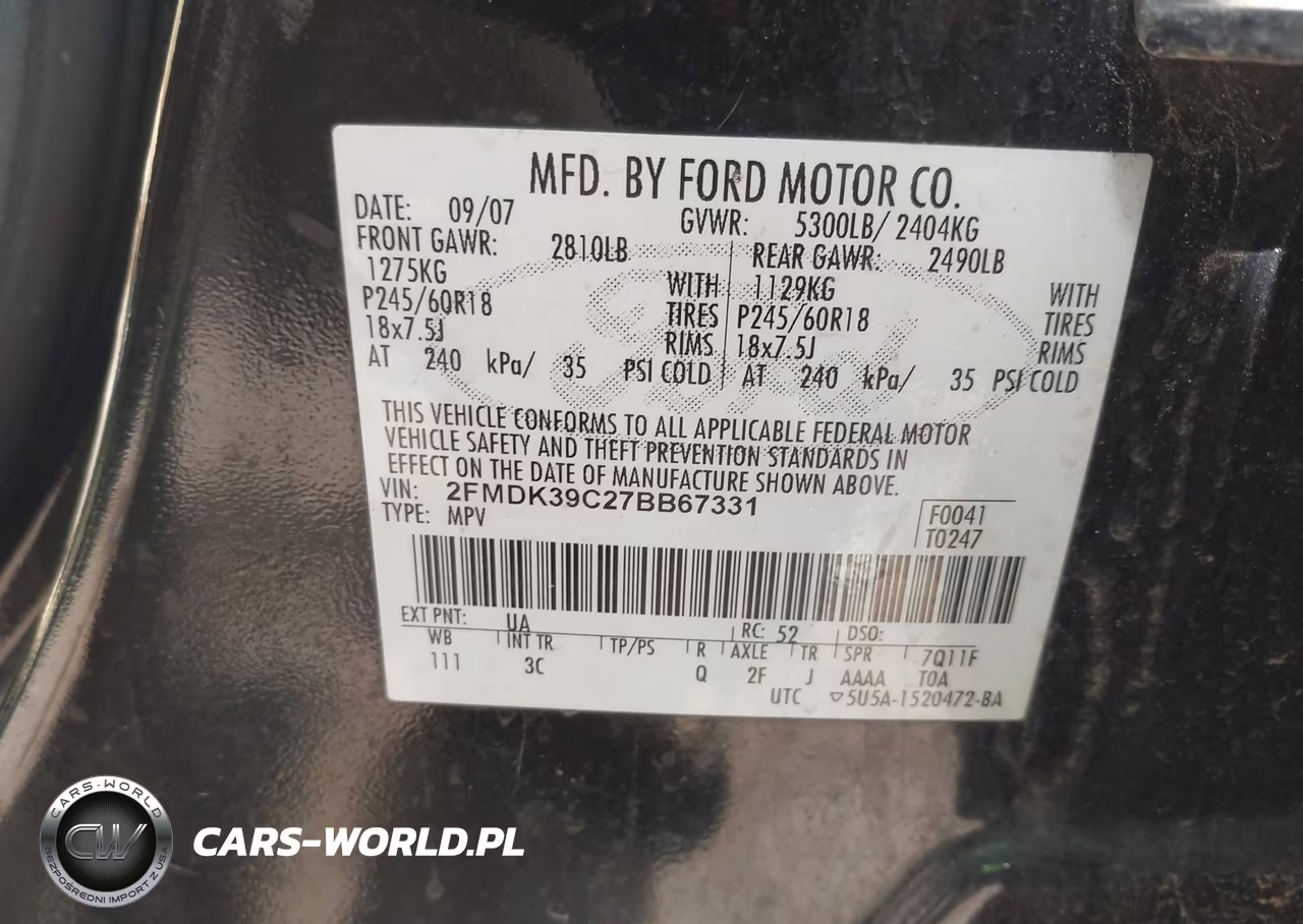 2007 Ford Edge Sel Plus VIN:2FMDK39C27BB67331 - 9