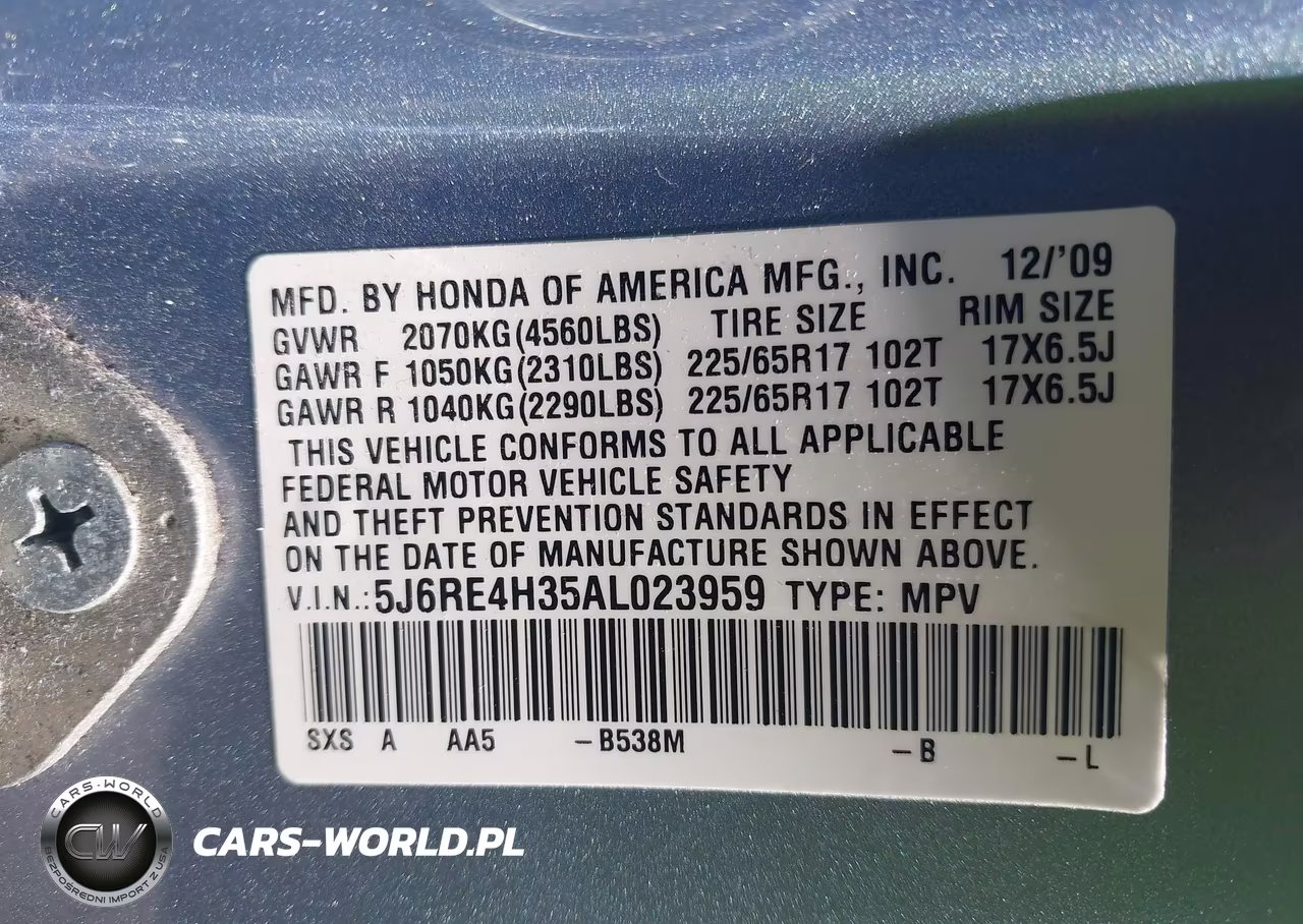 2010 Honda Cr-V Lx VIN:5J6RE4H35AL023959 - 9