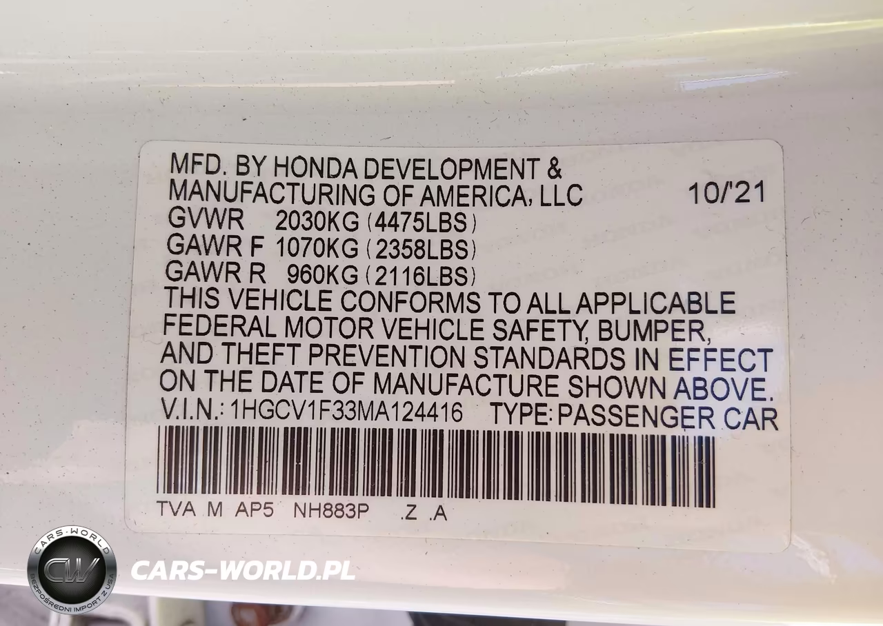 2021 Honda Accord Sport VIN:1HGCV1F33MA124416 - 9