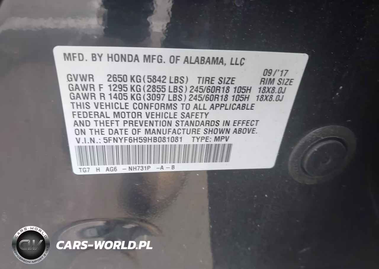 2017 Honda Pilot Ex-L VIN:5FNYF6H59HB081081 - 9