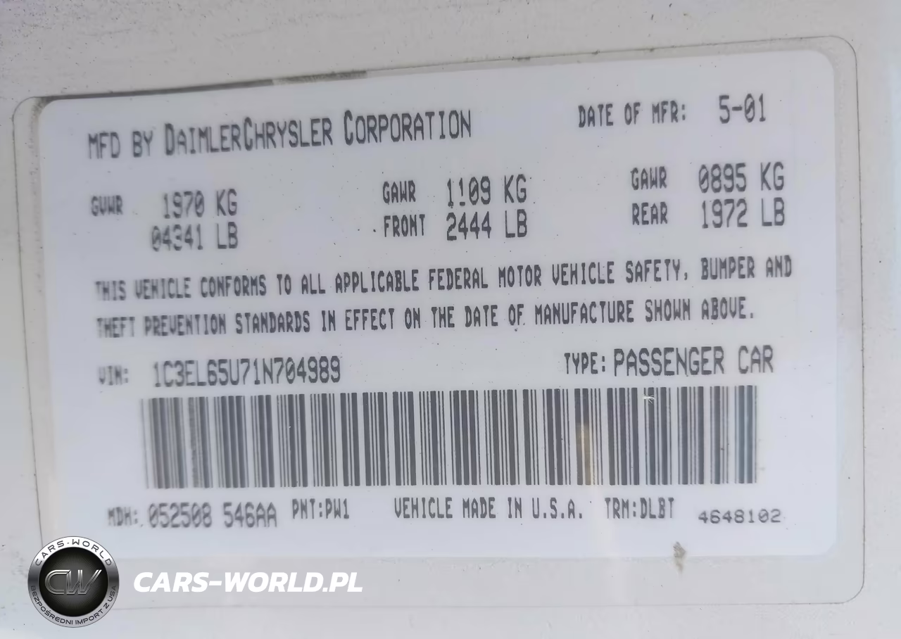 2001 Chrysler Sebring Limited VIN:1C3EL65U71N704989 - 9
