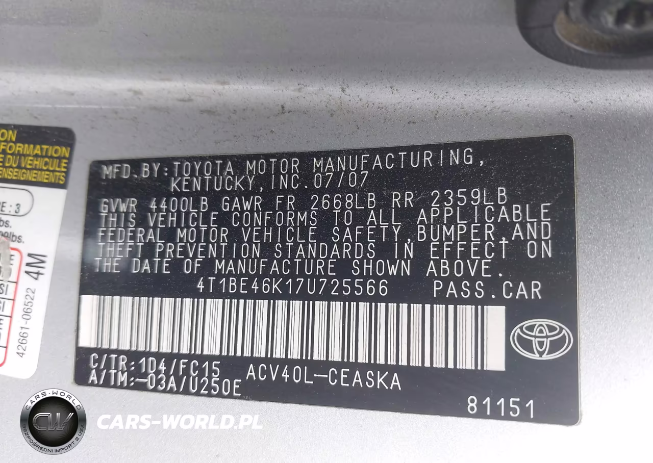 2007 Toyota Camry Se VIN:4T1BE46K17U725566 - 9