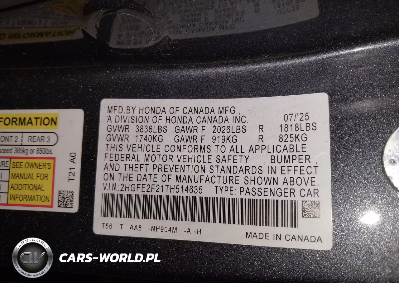 2026 Honda Civic Lx VIN:2HGFE2F21TH514635 - 9