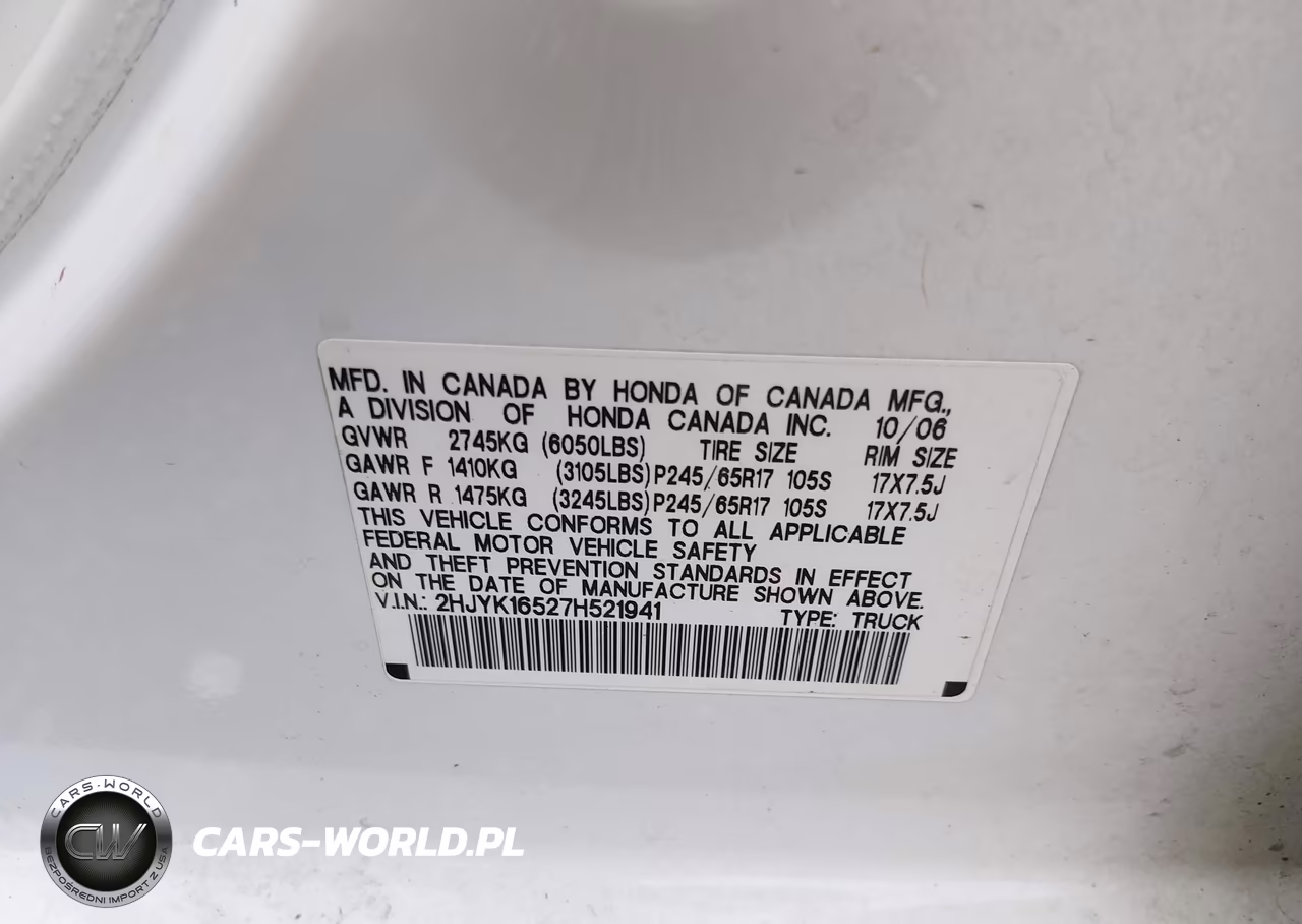 2007 Honda Ridgeline Rtl VIN:2HJYK16527H521941 - 9
