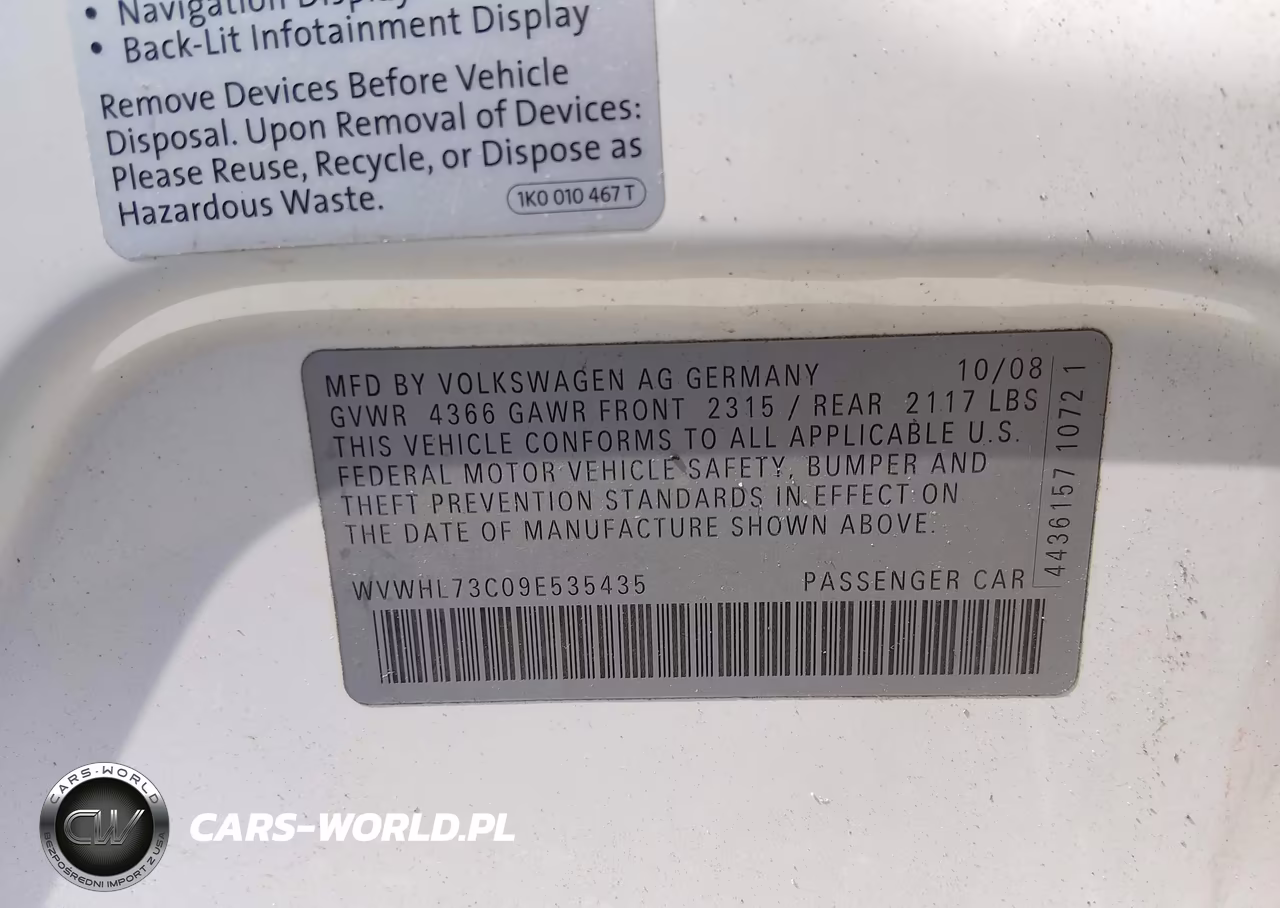 2009 Volkswagen Cc Luxury VIN:WVWHL73C09E535435 - 9