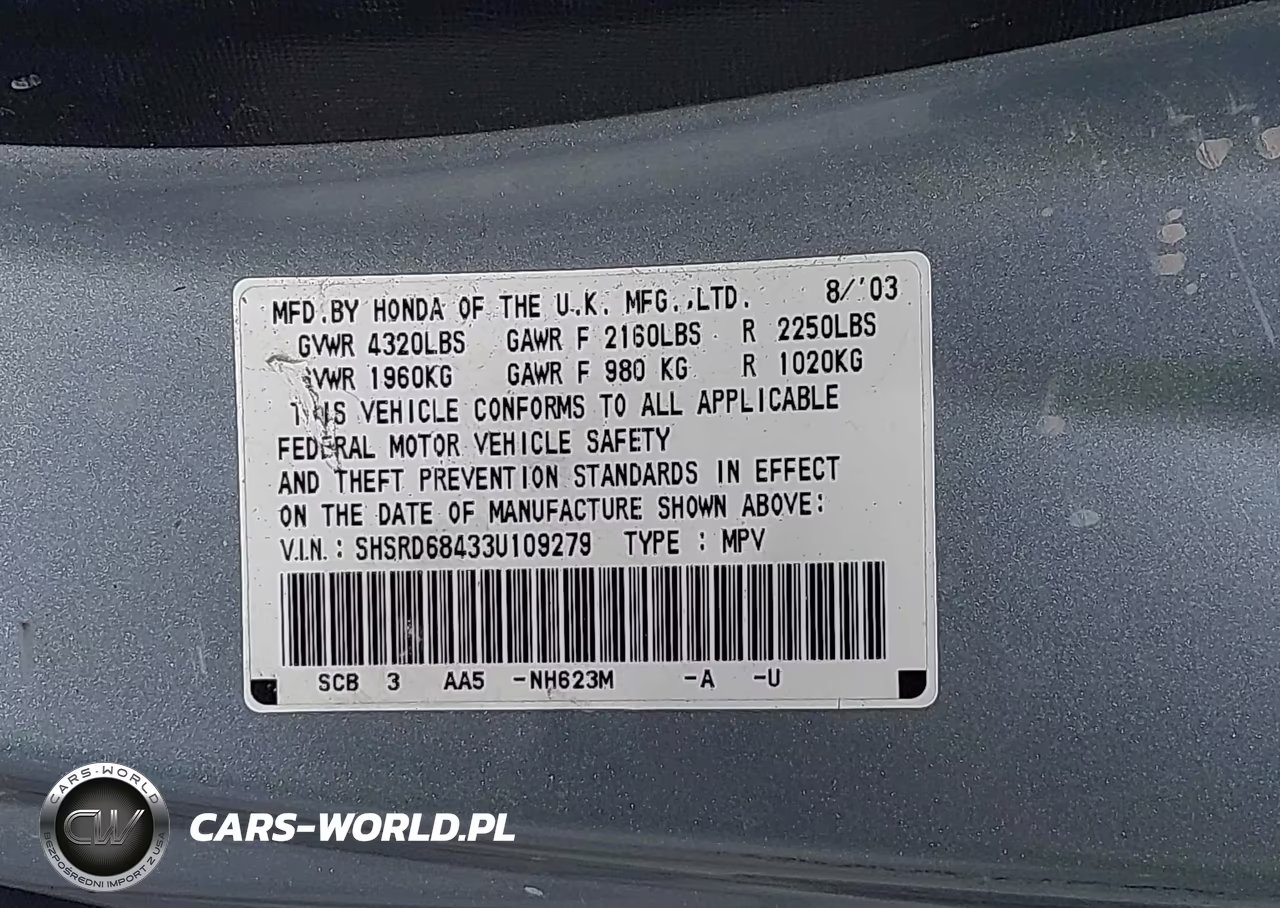 2003 Honda Cr-V Lx VIN:SHSRD68433U109279 - 9