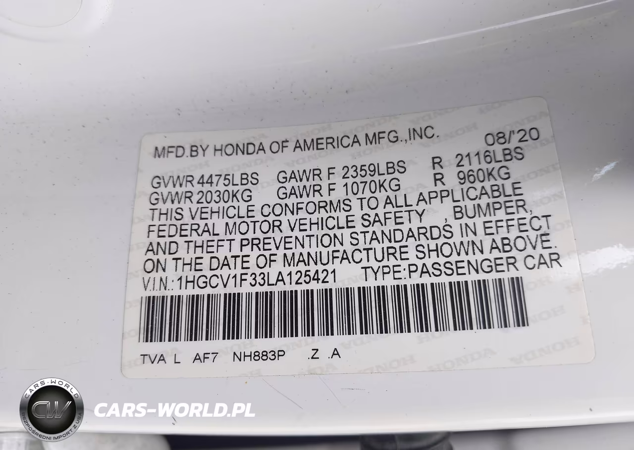 2020 Honda Accord Sport VIN:1HGCV1F33LA125421 - 9