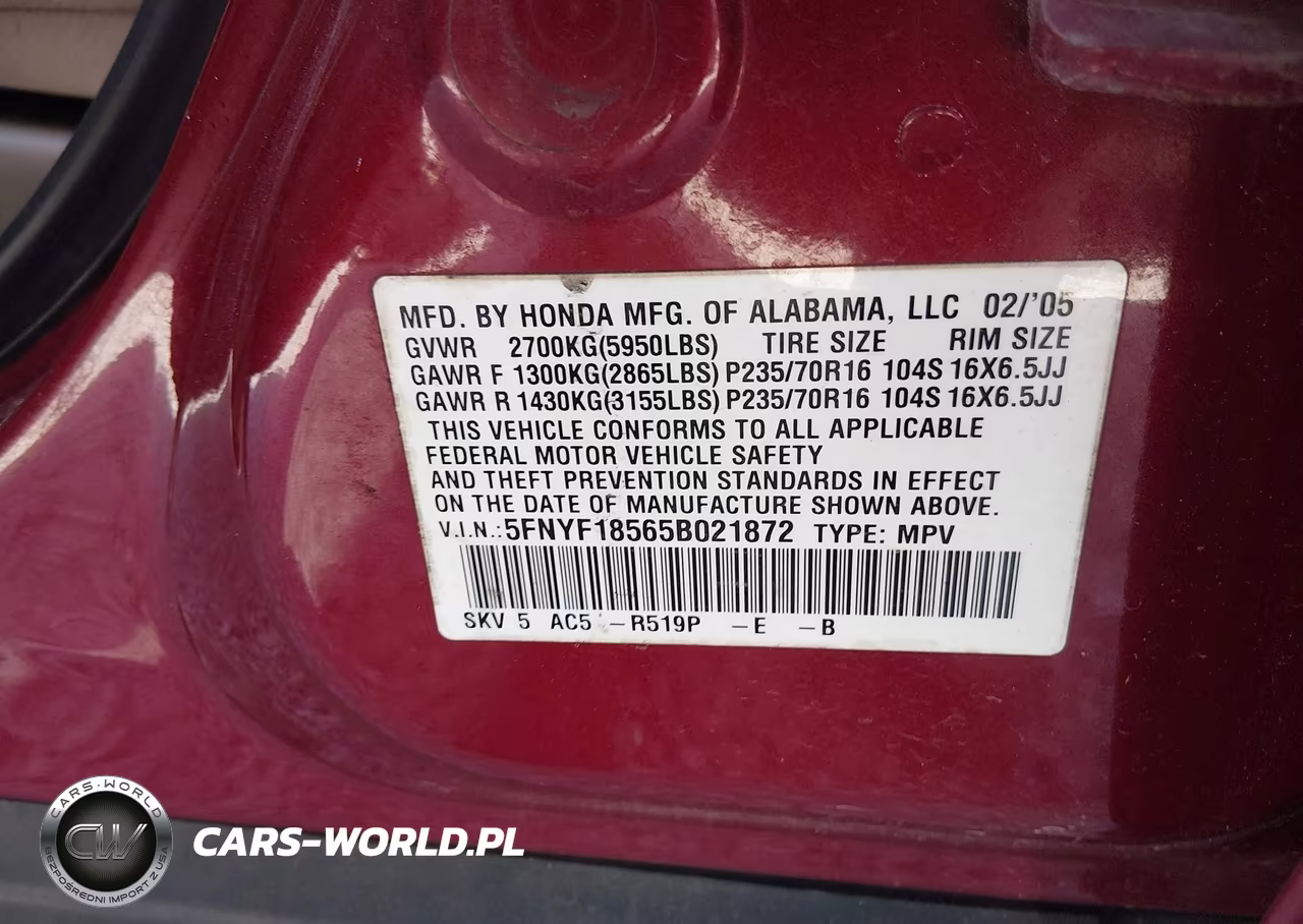 2005 Honda Pilot Ex-L VIN:5FNYF18565B021872 - 9