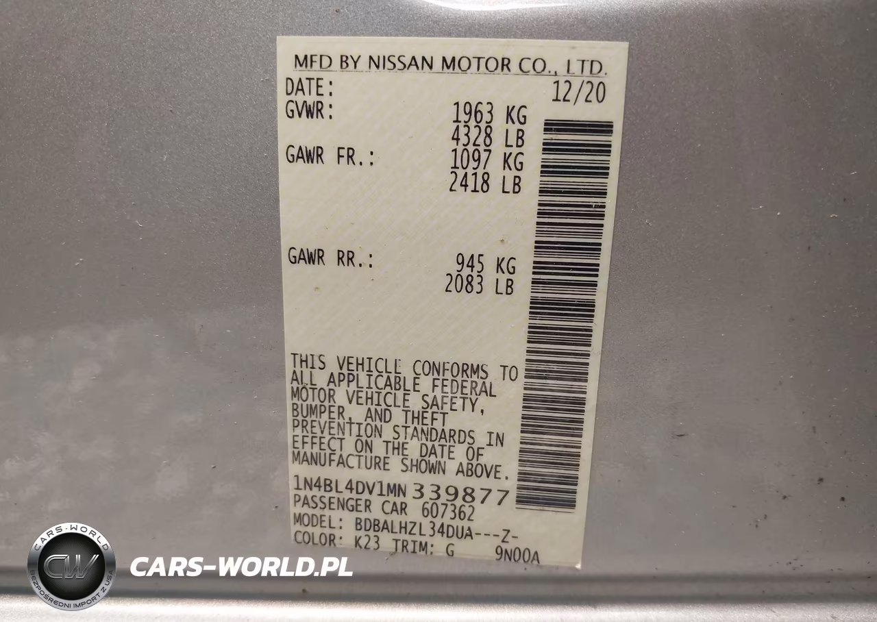 2021 Nissan Altima Sv Fwd VIN:1N4BL4DV1MN339877 - 9