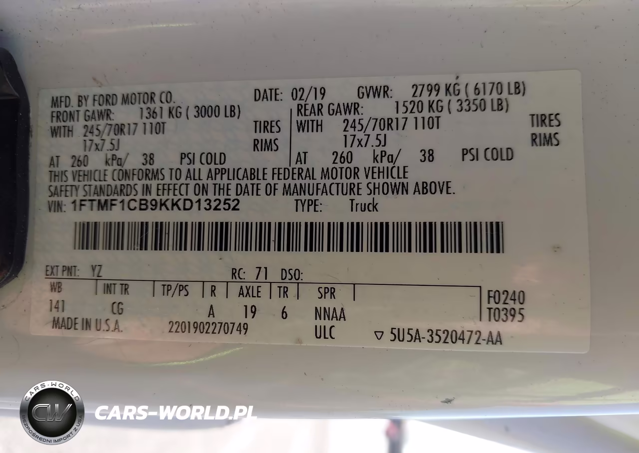 2019 Ford F-150 Xl VIN:1FTMF1CB9KKD13252 - 9