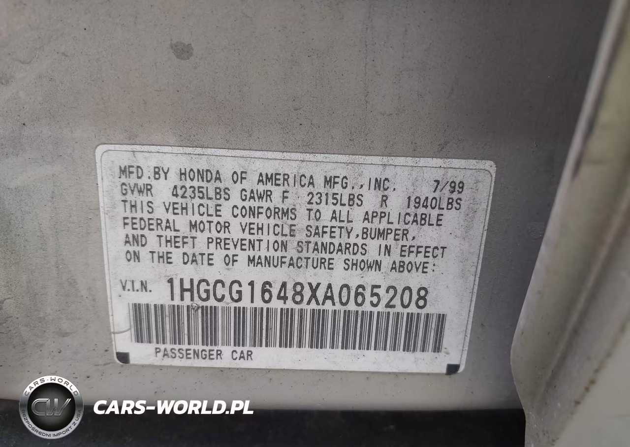 1999 Honda Accord Lx V6 VIN:1HGCG1648XA065208 - 9