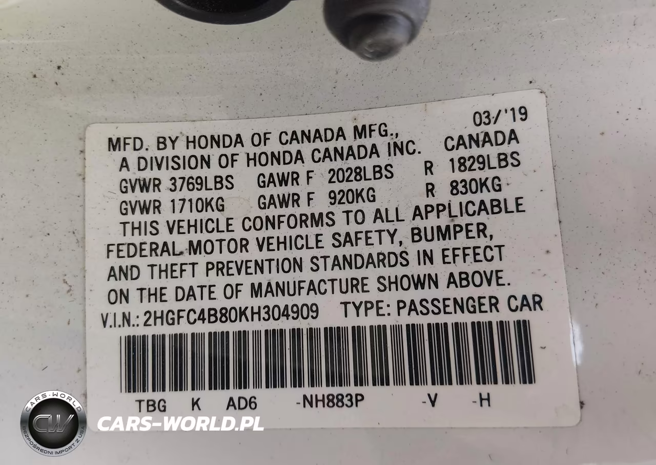 2019 Honda Civic Sport VIN:2HGFC4B80KH304909 - 9