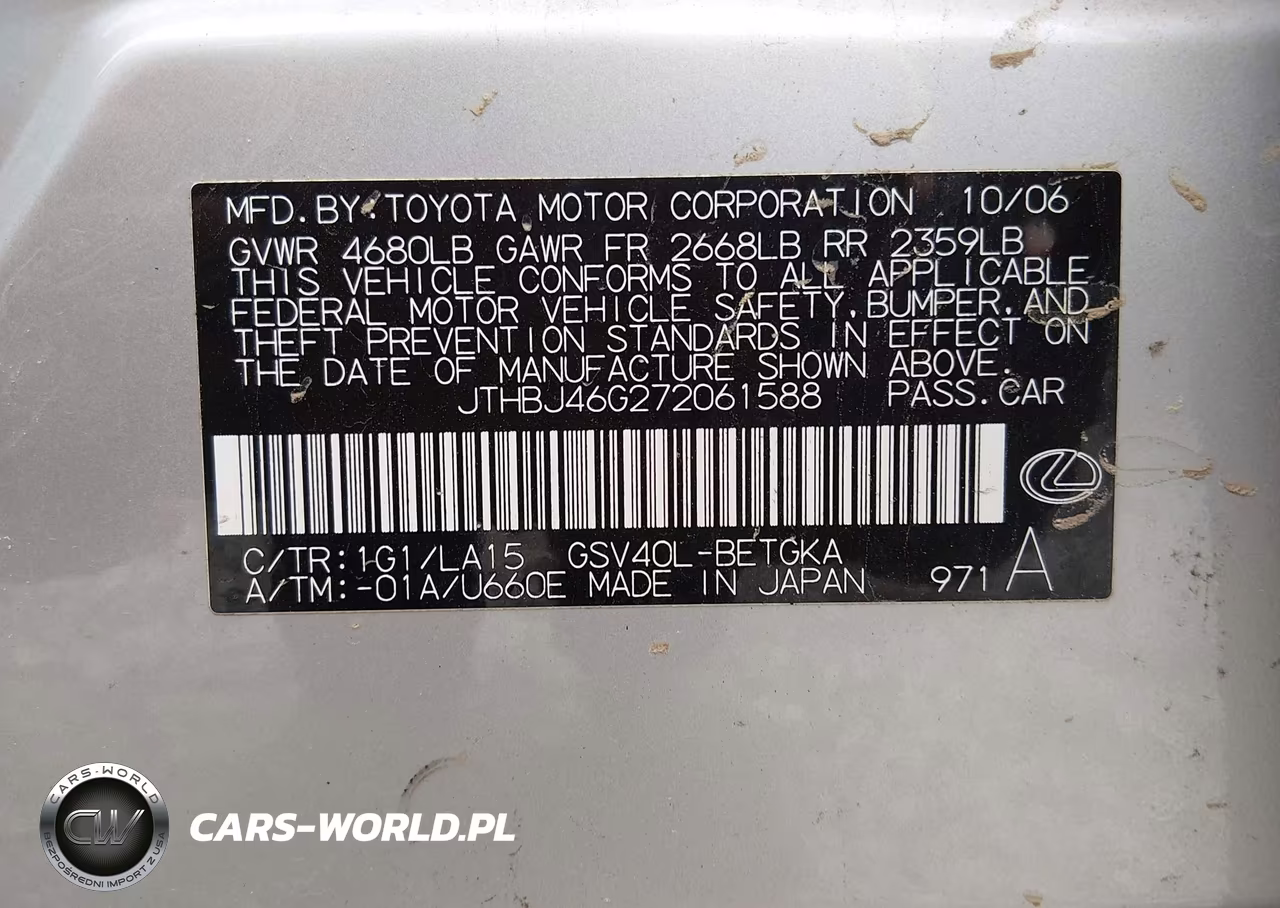 2007 Lexus Es 350 VIN:JTHBJ46G272061588 - 9