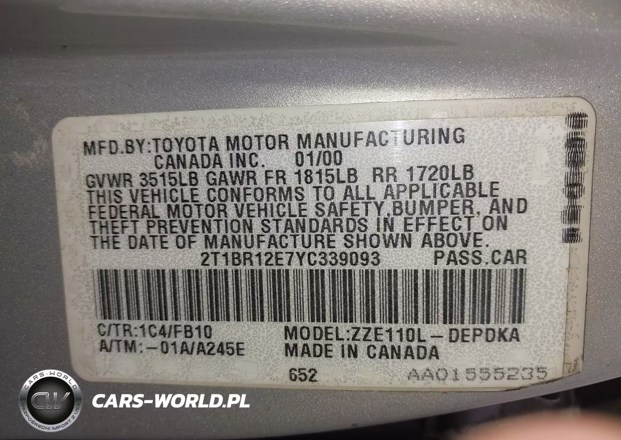 2000 Toyota Corolla Ce VIN:2T1BR12E7YC339093 - 9