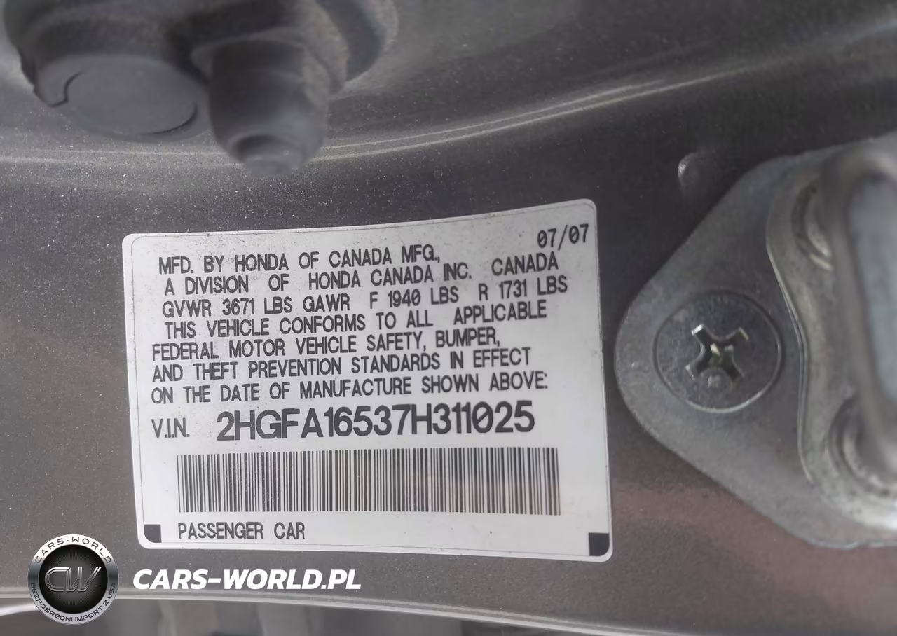 2007 Honda Civic Lx VIN:2HGFA16537H311025 - 9