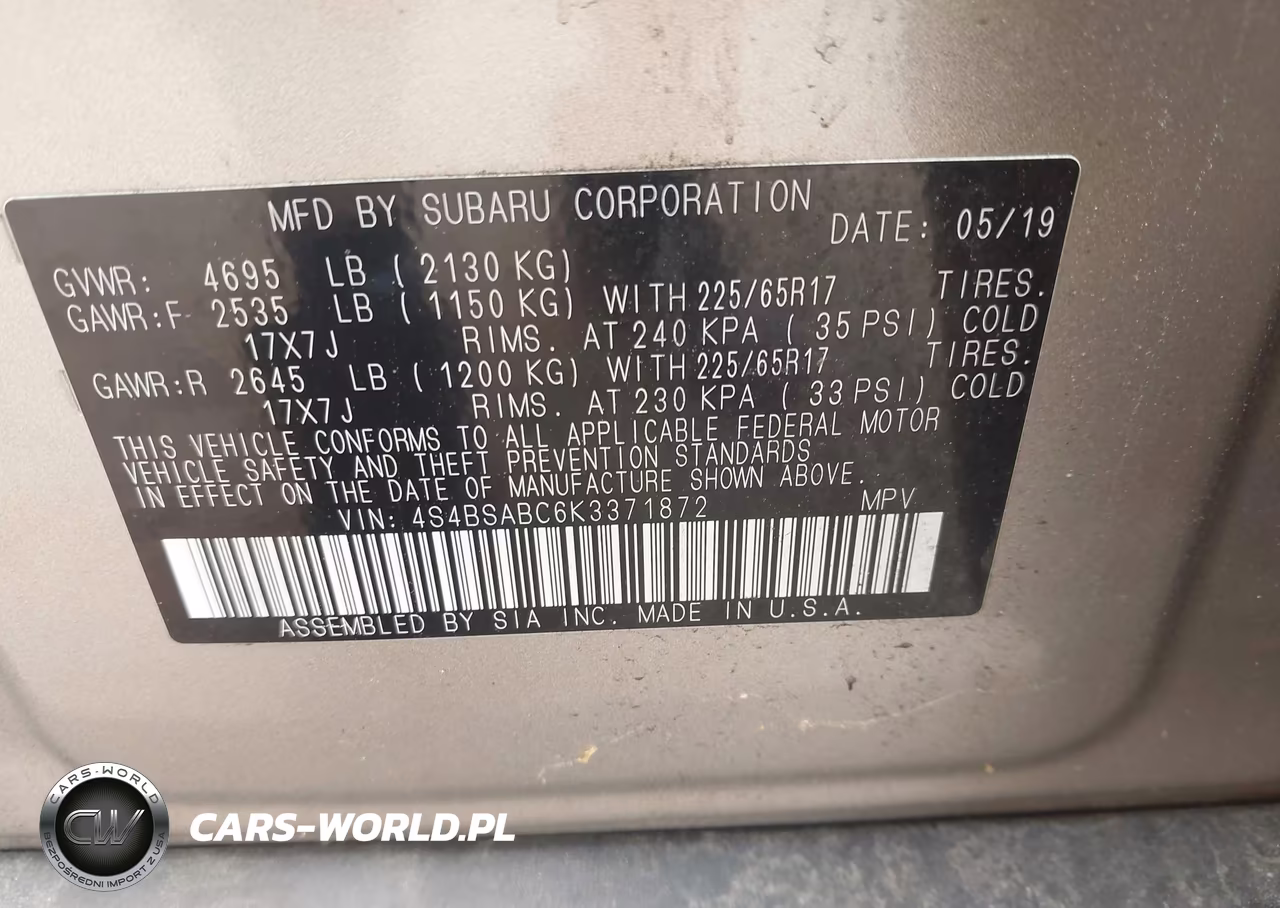 2019 Subaru Outback 2.5I VIN:4S4BSABC6K3371872 - 9