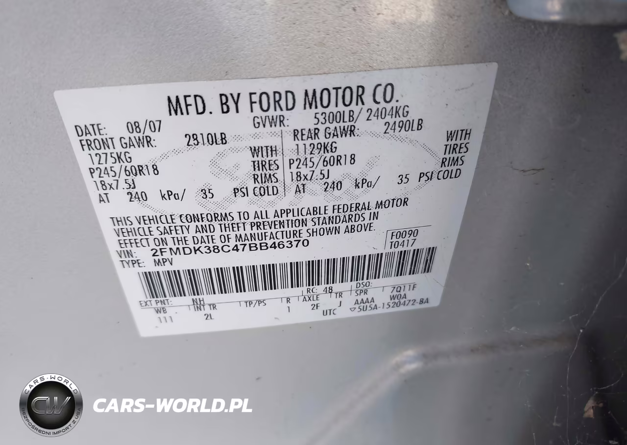2007 Ford Edge Sel VIN:2FMDK38C47BB46370 - 9