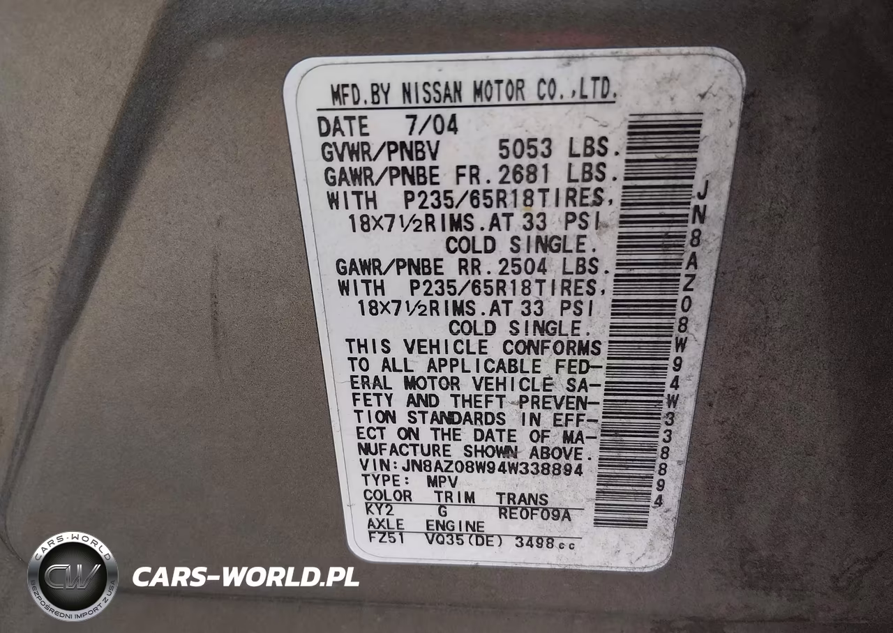 2004 Nissan Murano Sl VIN:JN8AZ08W94W338894 - 9