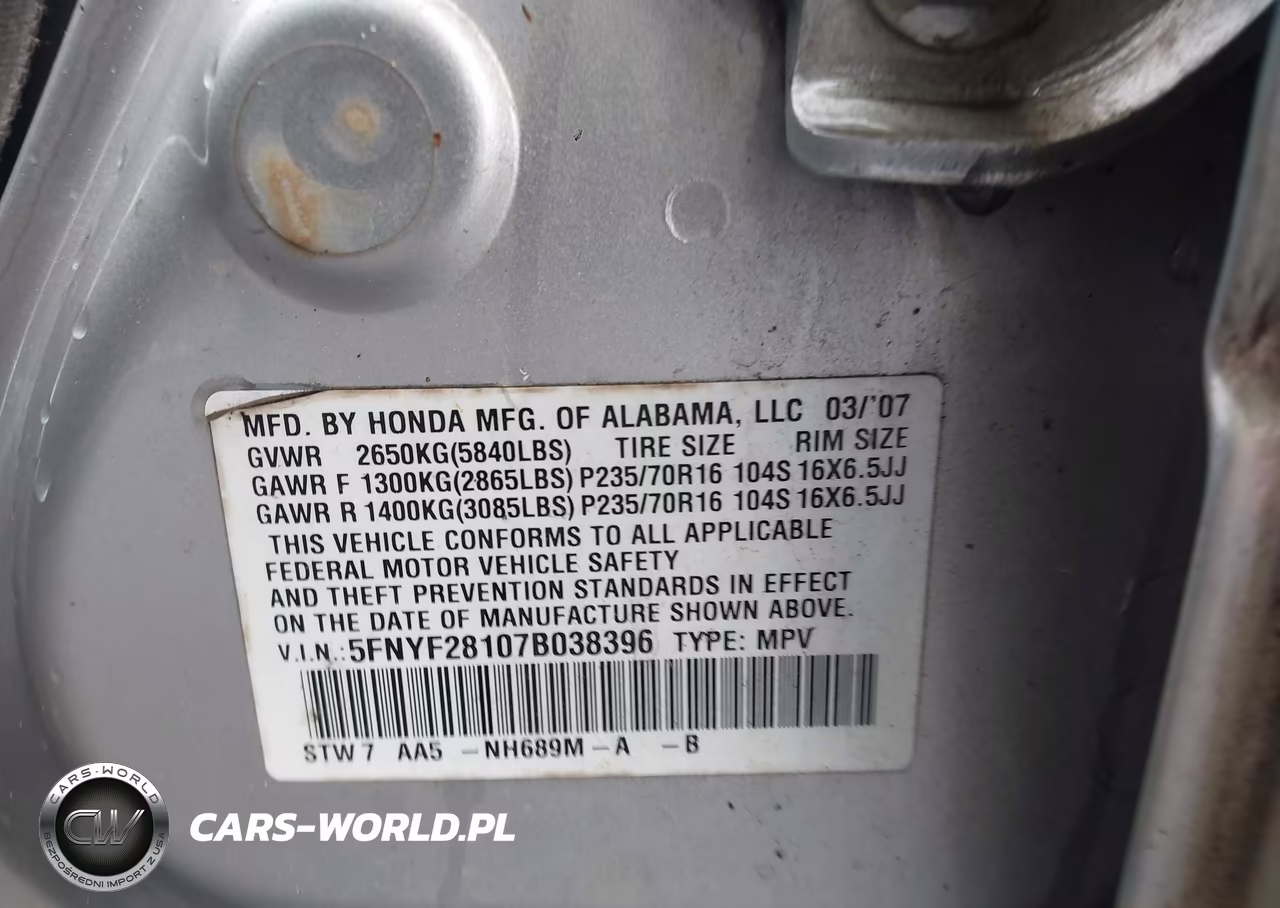 2007 Honda Pilot Lx VIN:5FNYF28107B038396 - 9