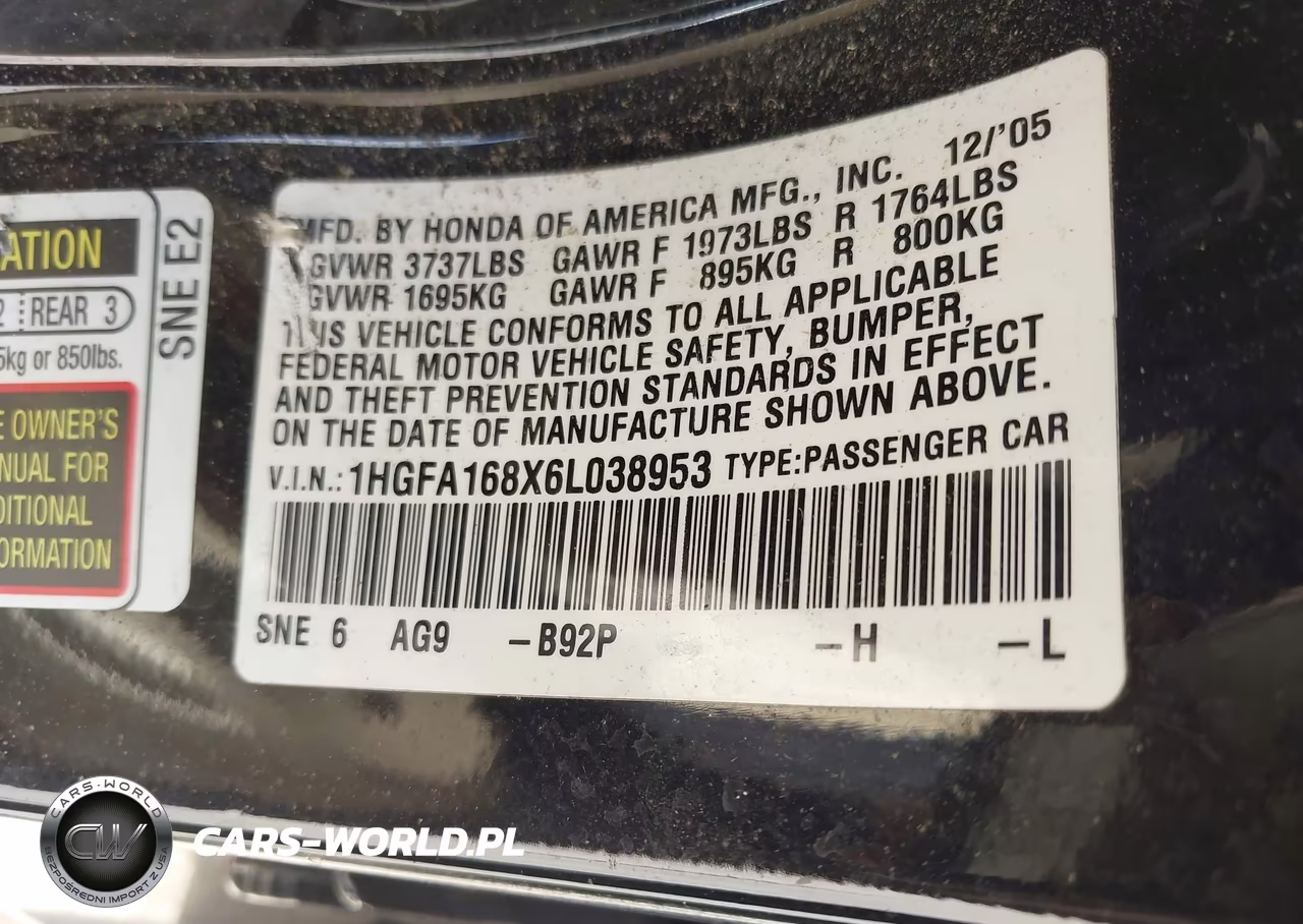 2006 Honda Civic Ex VIN:1HGFA168X6L038953 - 9