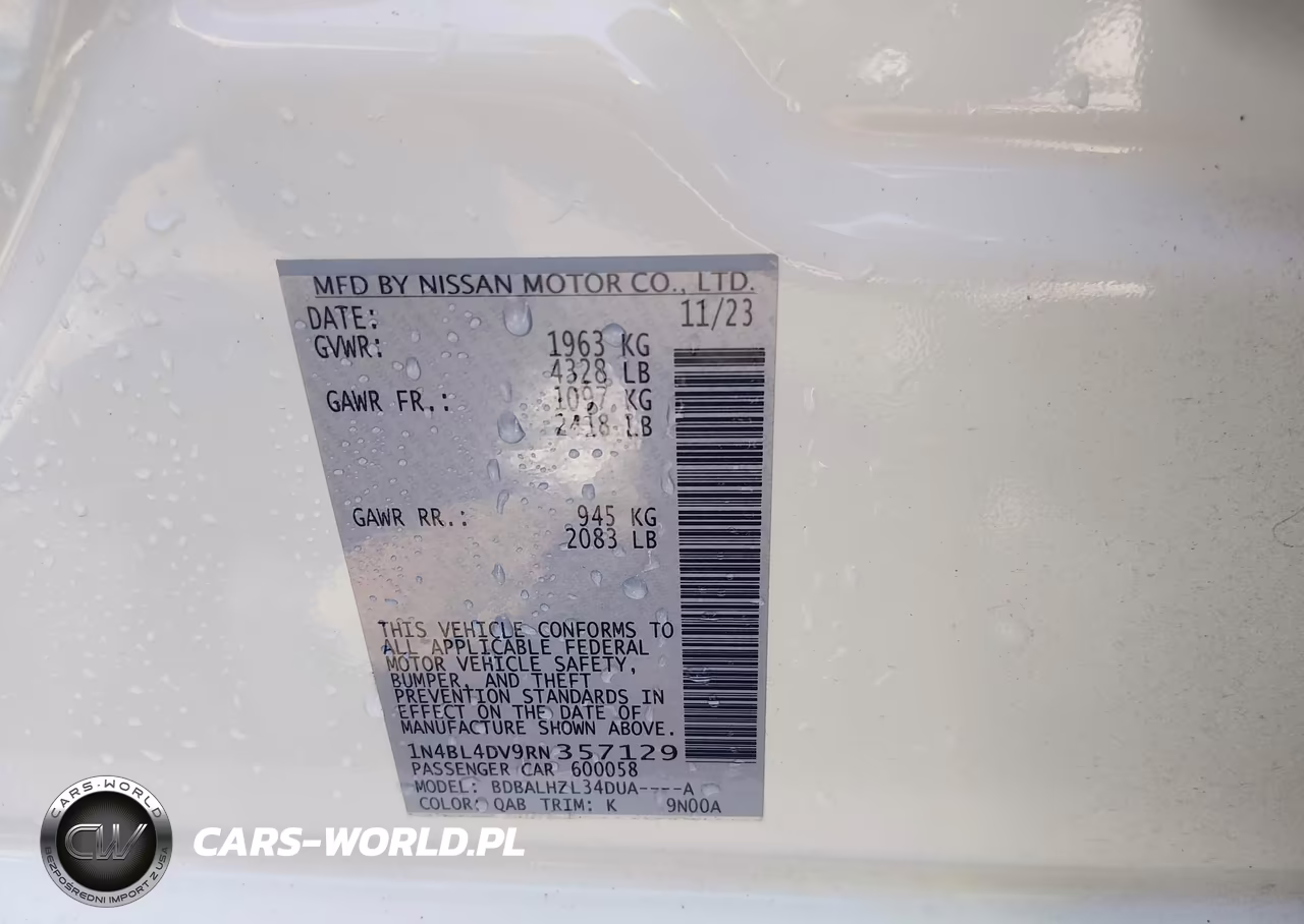 2024 Nissan Altima Sv Fwd VIN:1N4BL4DV9RN357129 - 9