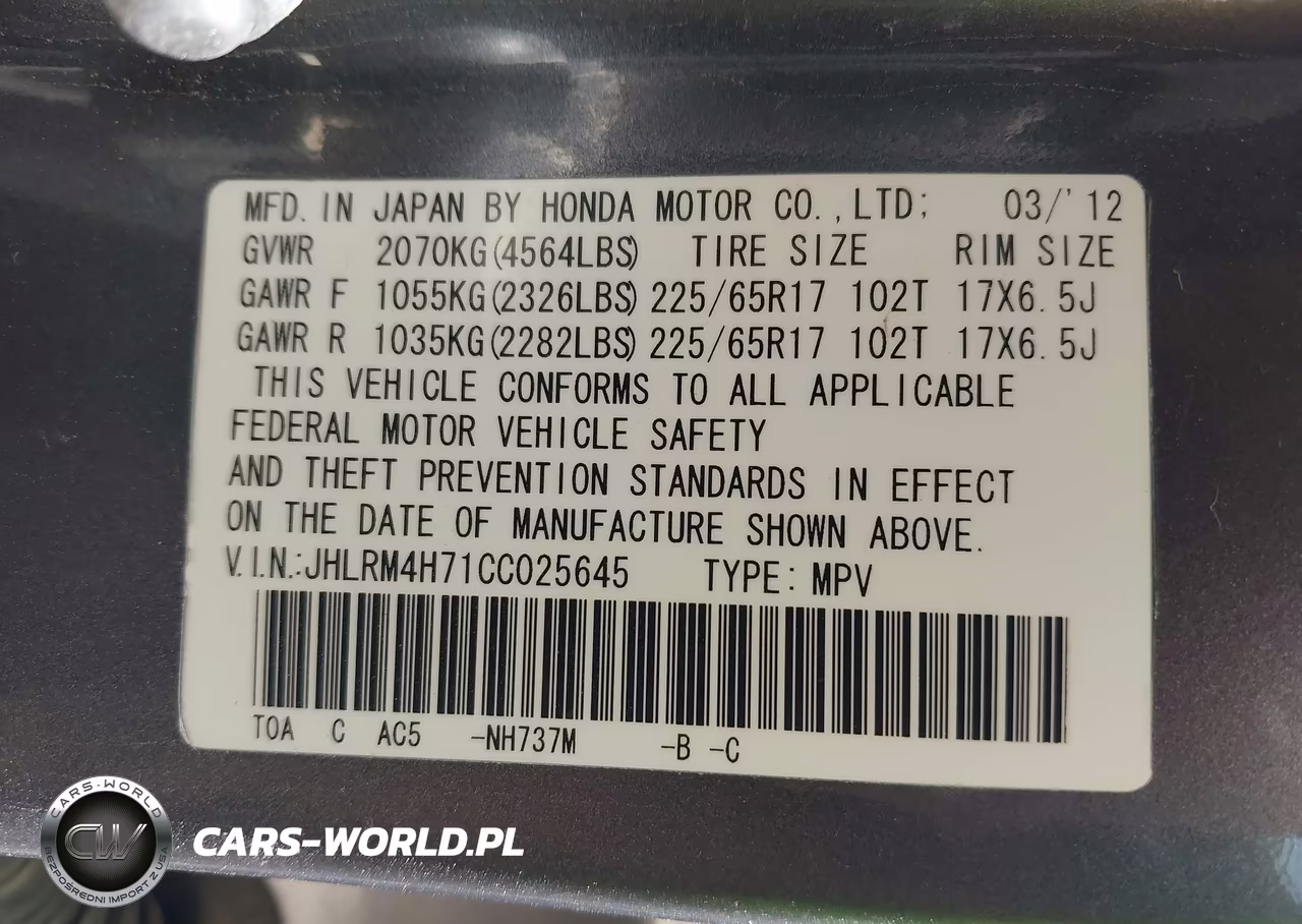 2012 Honda Cr-V Ex-L VIN:JHLRM4H71CC025645 - 9