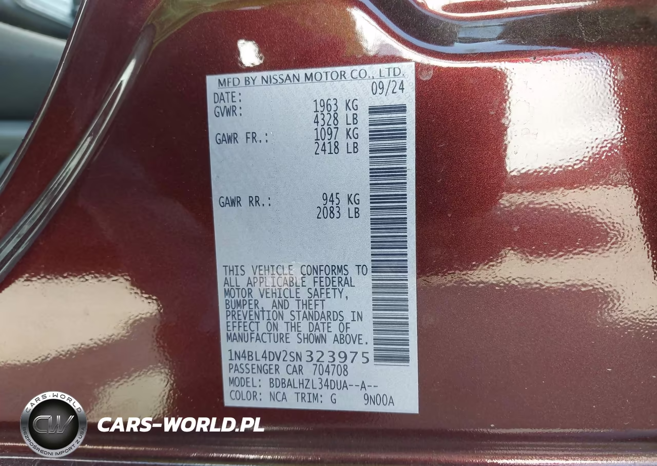 2025 Nissan Altima Sv Fwd VIN:1N4BL4DV2SN323975 - 9