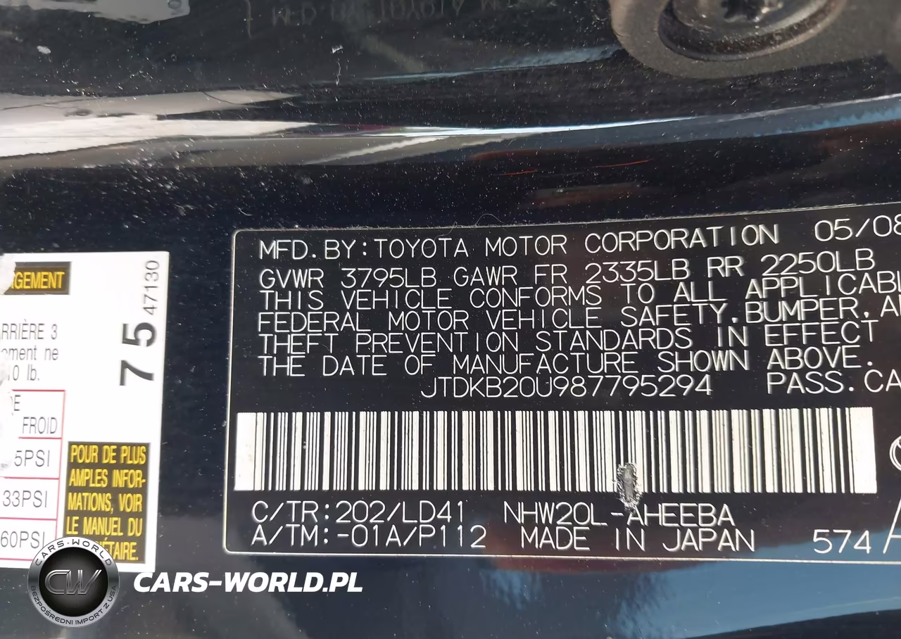 2008 Toyota Prius VIN:JTDKB20U987795294 - 9