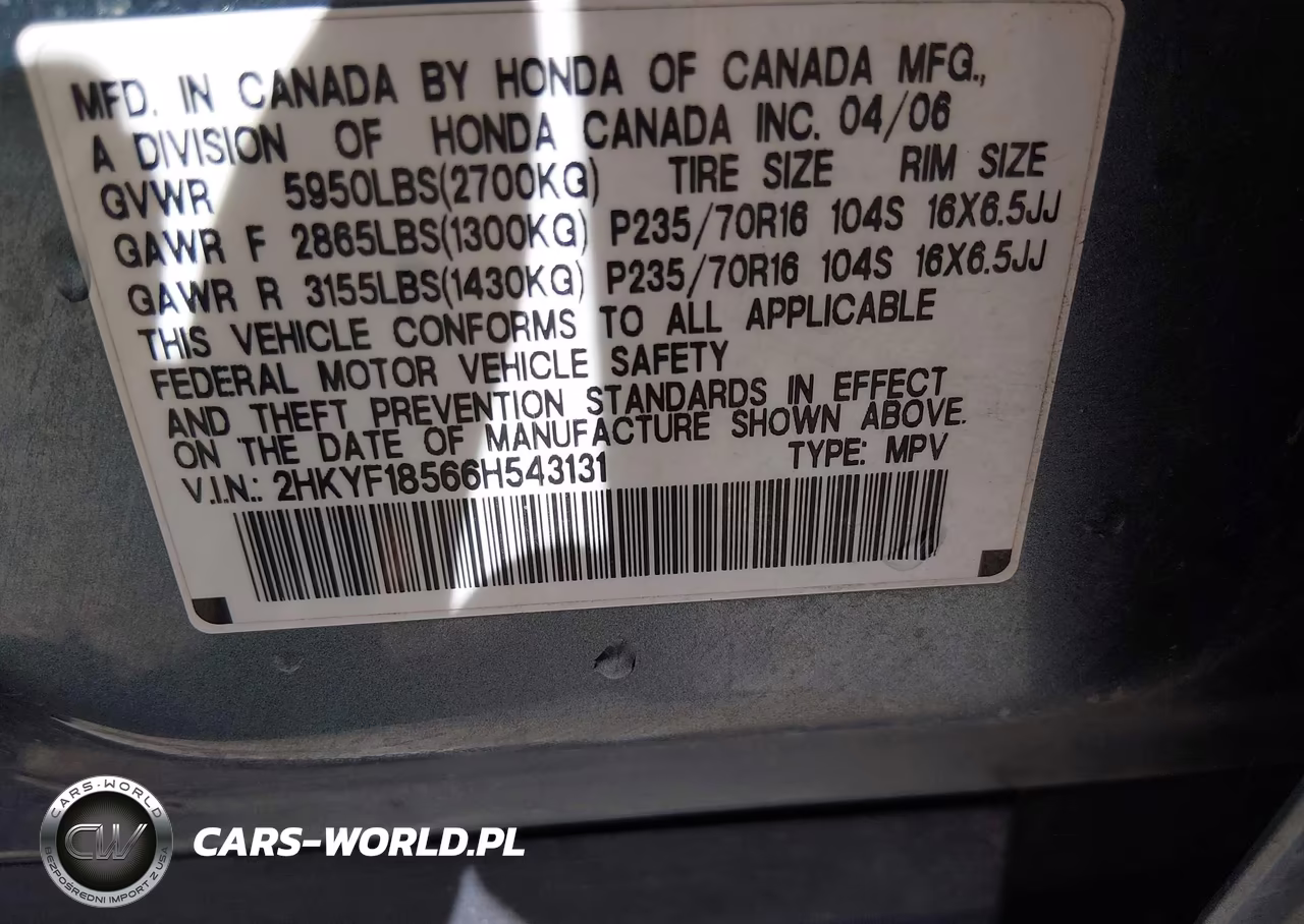 2006 Honda Pilot Ex-L VIN:2HKYF18566H543131 - 9
