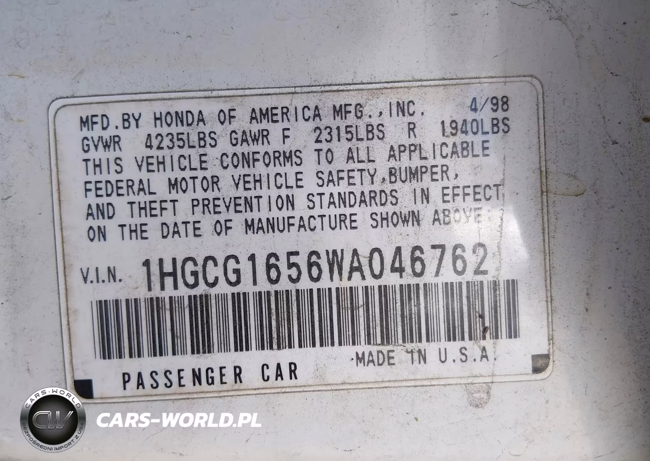 1998 Honda Accord Ex V6 VIN:1HGCG1656WA046762 - 9