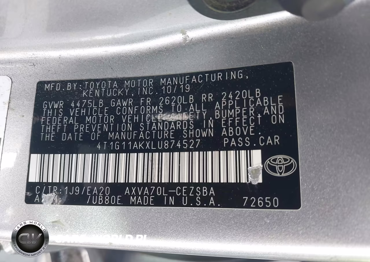 2020 Toyota Camry Se VIN:4T1G11AKXLU874527 - 9
