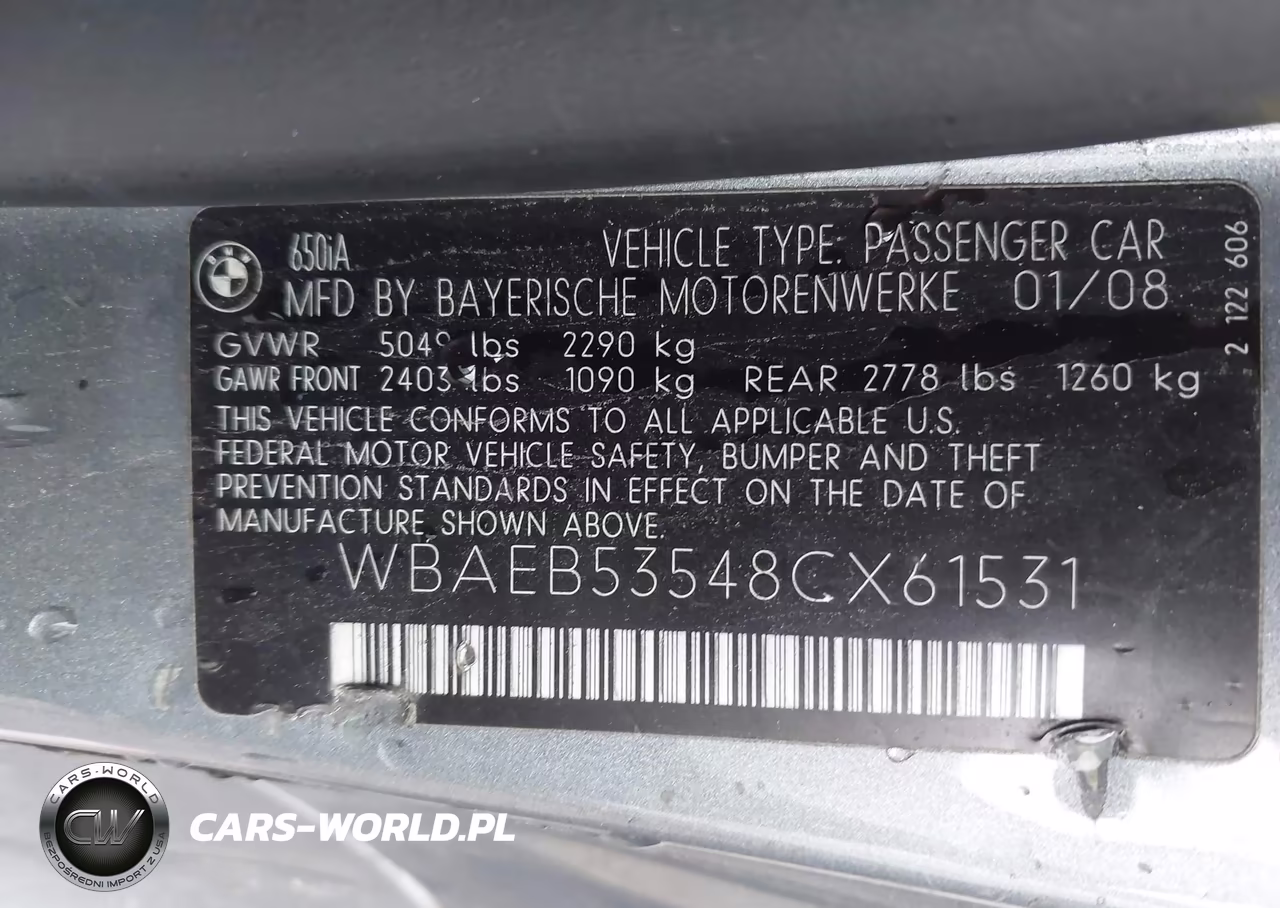 2008 BMW 650I VIN:WBAEB53548CX61531 - 9