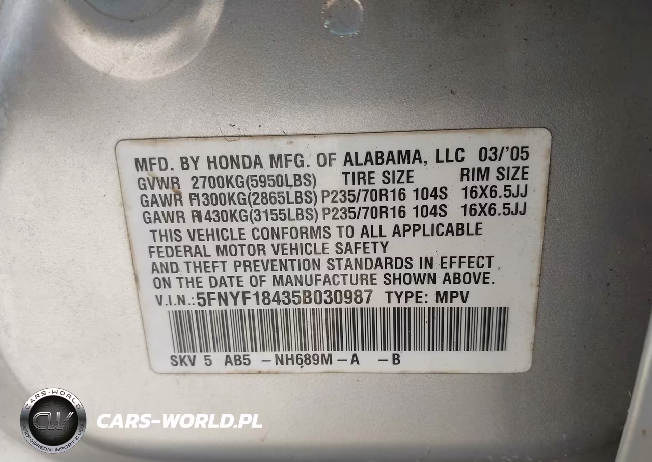 2005 Honda Pilot Ex VIN:5FNYF18435B030987 - 9
