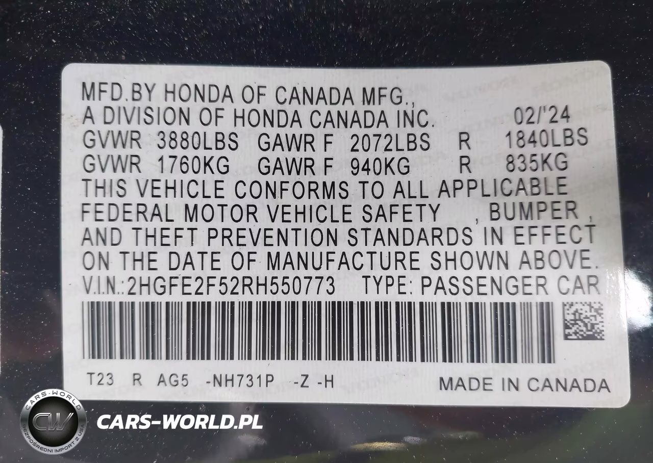 2024 Honda Civic Sport VIN:2HGFE2F52RH550773 - 9