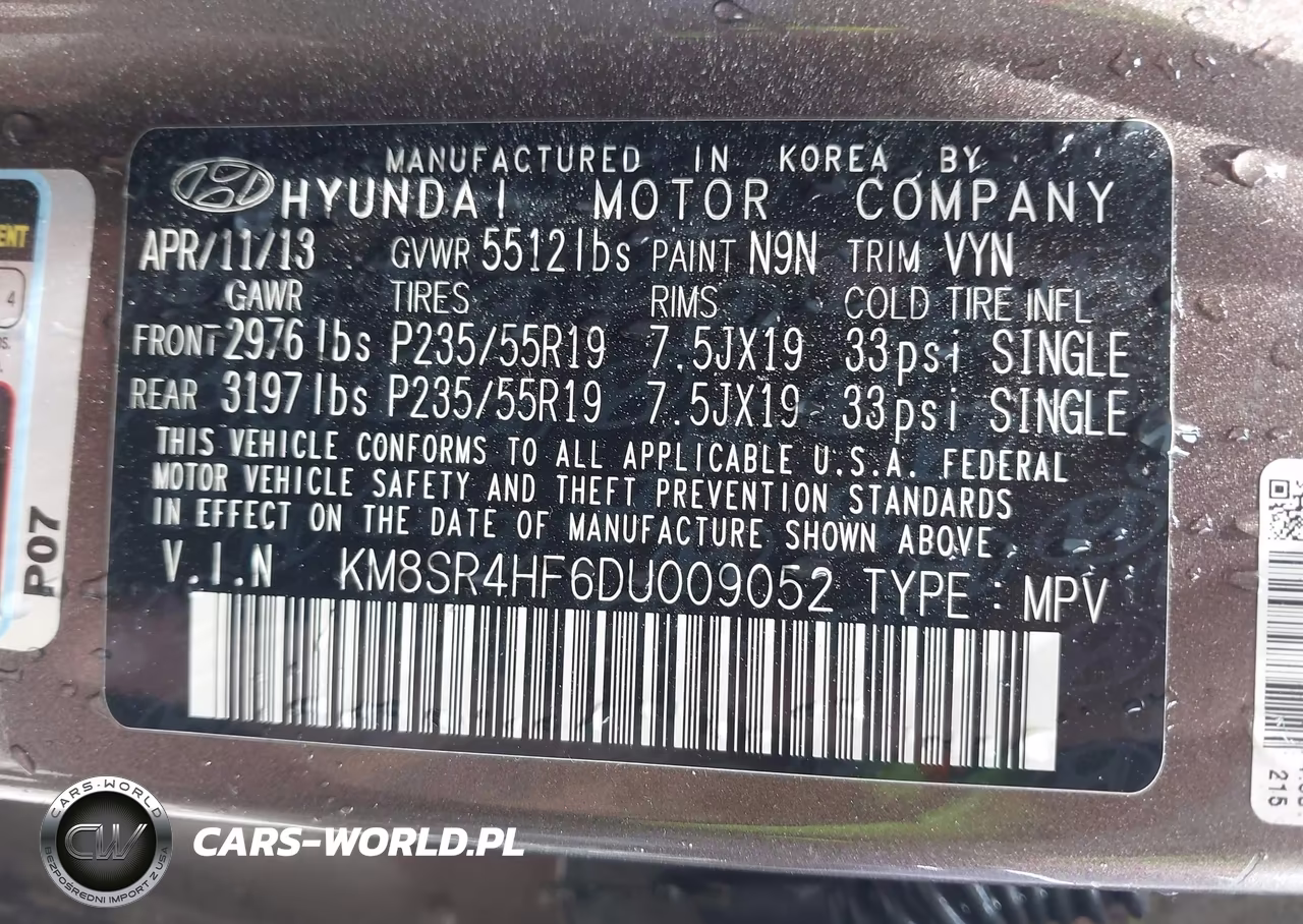 2013 Hyundai Santa Fe Limited VIN:KM8SR4HF6DU009052 - 9