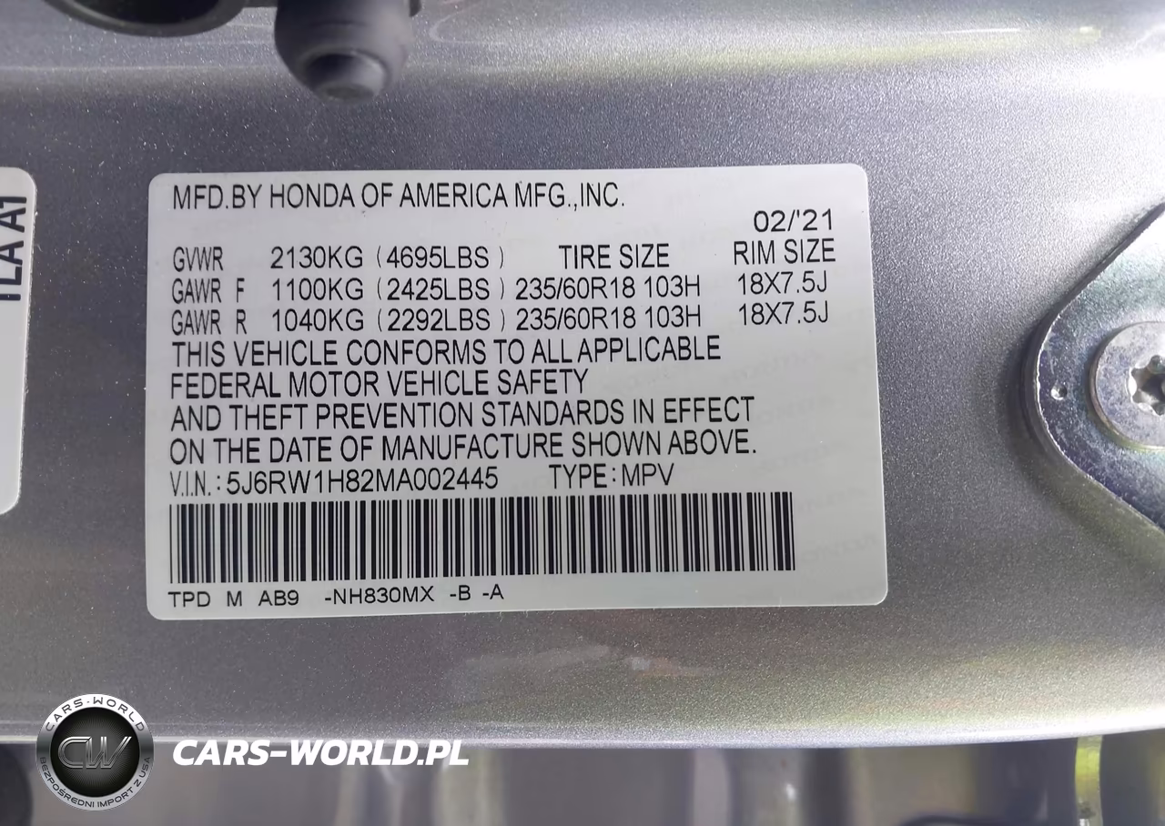 2021 Honda Cr-V 2Wd Ex-L VIN:5J6RW1H82MA002445 - 9