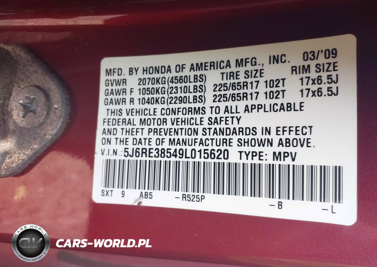 2009 Honda Cr-V Ex VIN:5J6RE38549L015620 - 9