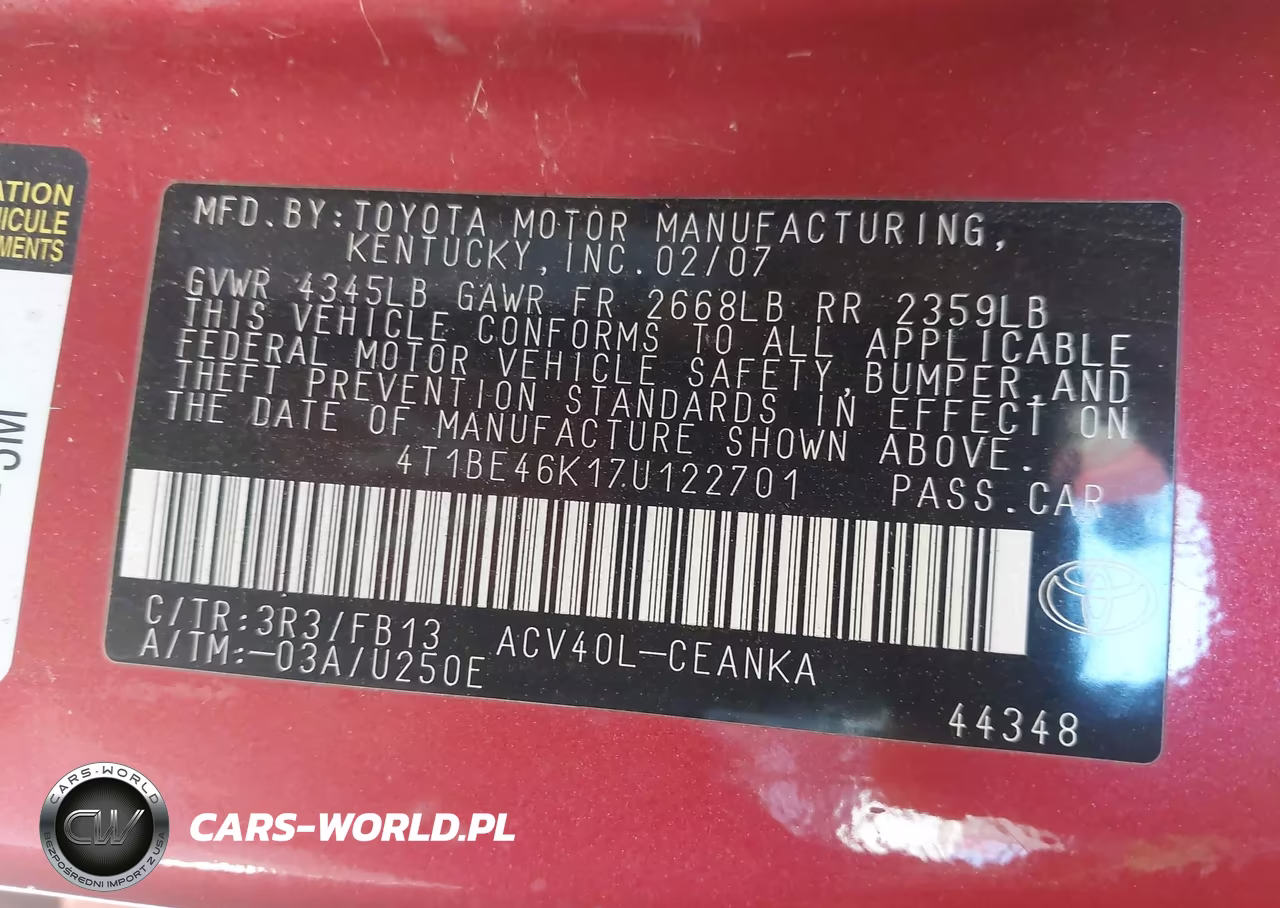 2007 Toyota Camry Le VIN:4T1BE46K17U122701 - 9