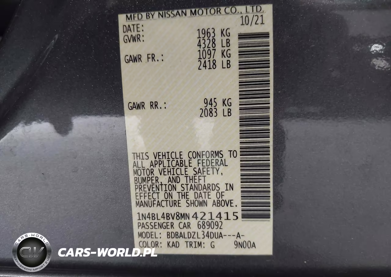 2021 Nissan Altima S Fwd VIN:1N4BL4BV8MN421415 - 9
