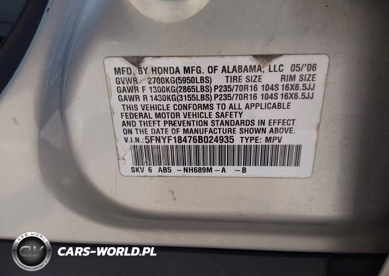 2006 Honda Pilot Ex VIN:5FNYF18476B024935 - 9