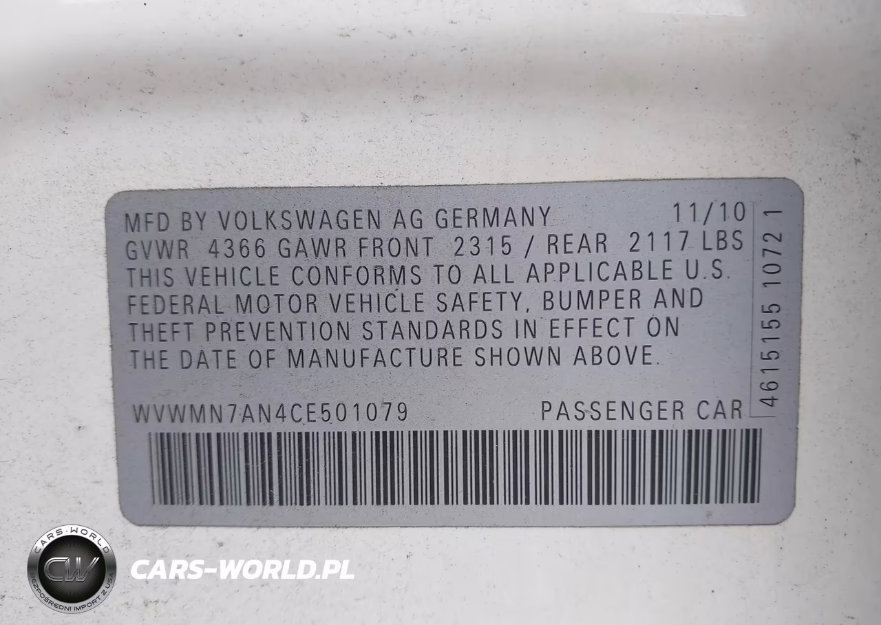 2012 Volkswagen Cc Sport VIN:WVWMN7AN4CE501079 - 9